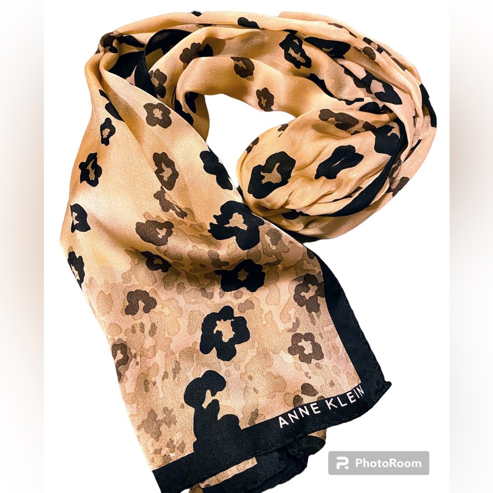 Anne Klein~Authentic Animal Print Silk Scarf Cream/Tan/Black, Signature/Logo - Picture 3 of 6